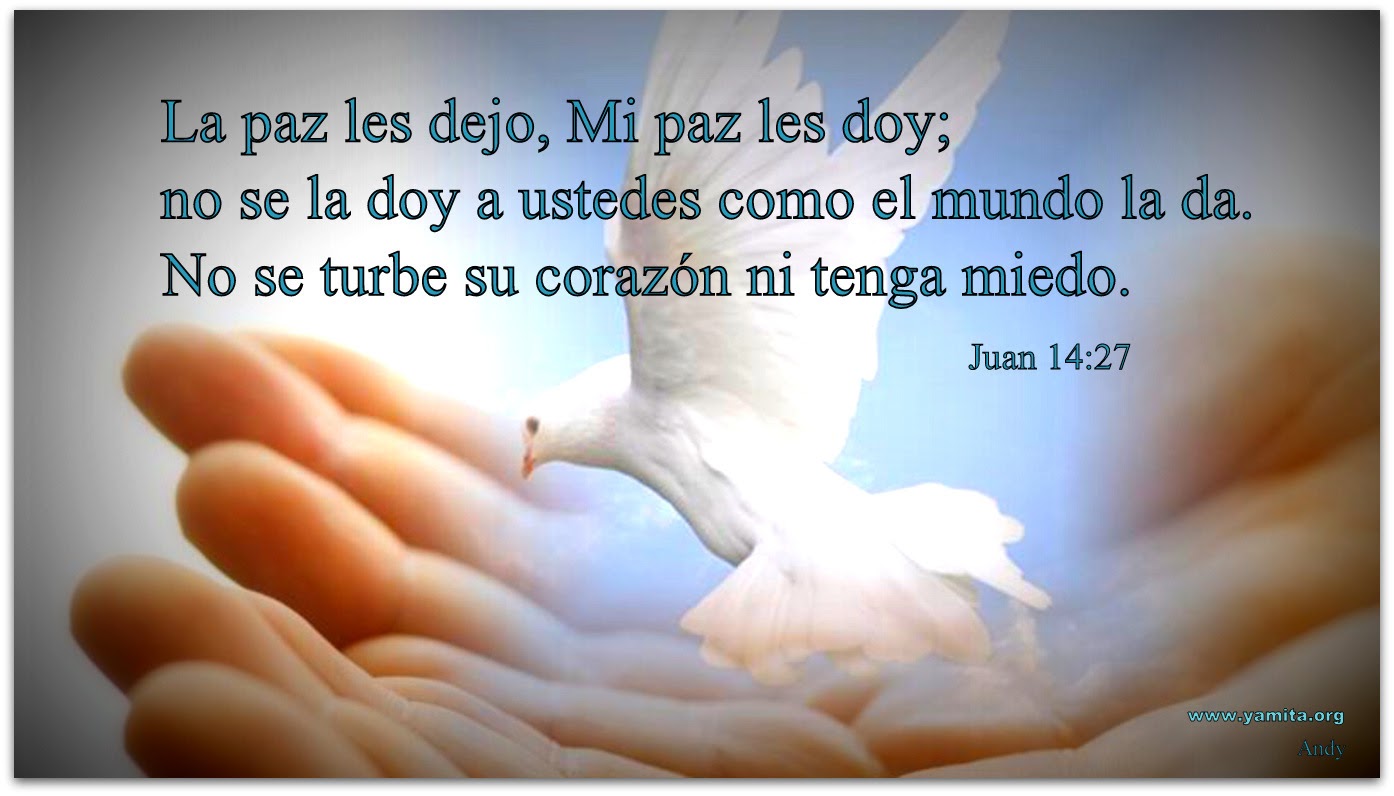 La paz les dejo, Mi paz les doy; no se la doy a ustedes como el mundo la da. No se turbe su corazón ni tenga miedo. Juan 14:27